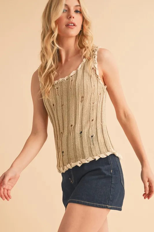 Distressed detail round neck knit tank, slightly stretchy.