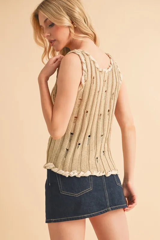 Distressed detail round neck knit tank, slightly stretchy.