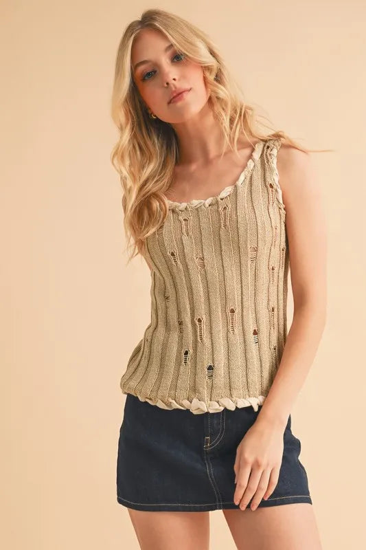 Distressed detail round neck knit tank, slightly stretchy.