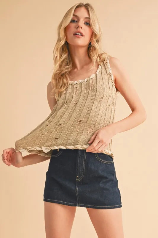 Distressed detail round neck knit tank, slightly stretchy.