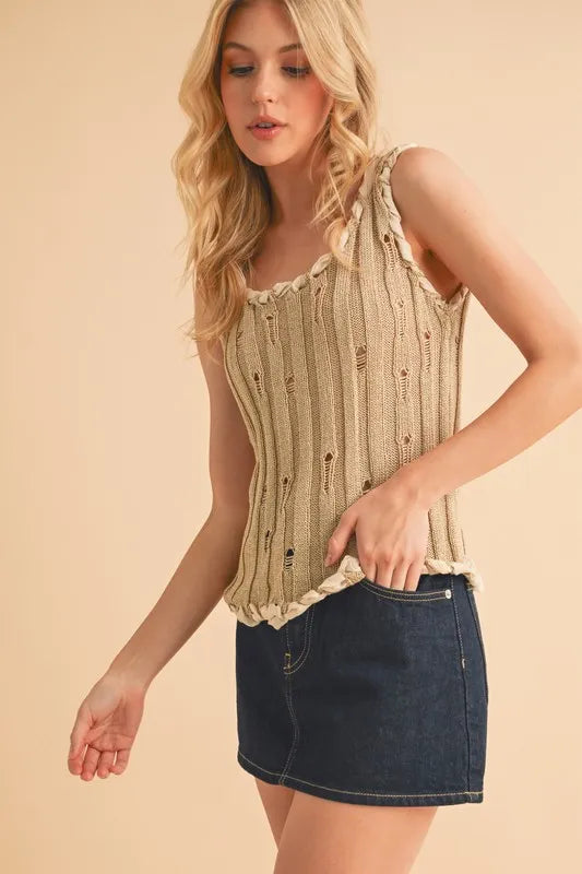 Distressed detail round neck knit tank, slightly stretchy.