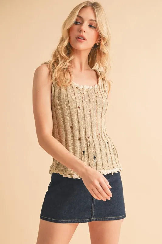 Distressed detail round neck knit tank, slightly stretchy.