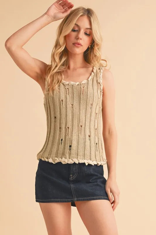 Distressed detail round neck knit tank, slightly stretchy.