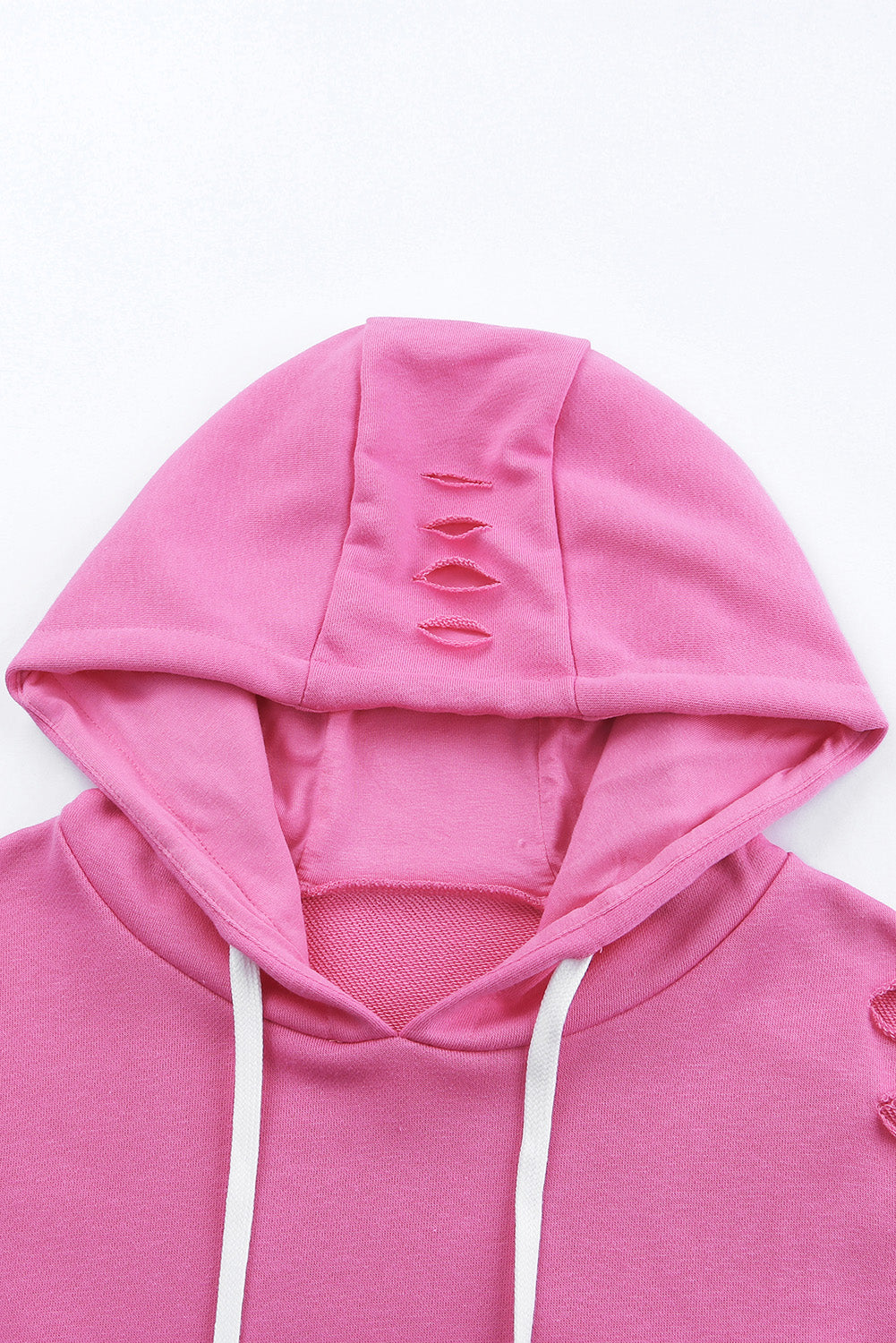 Distressed drawstring long sleeve hoodie with pockets.