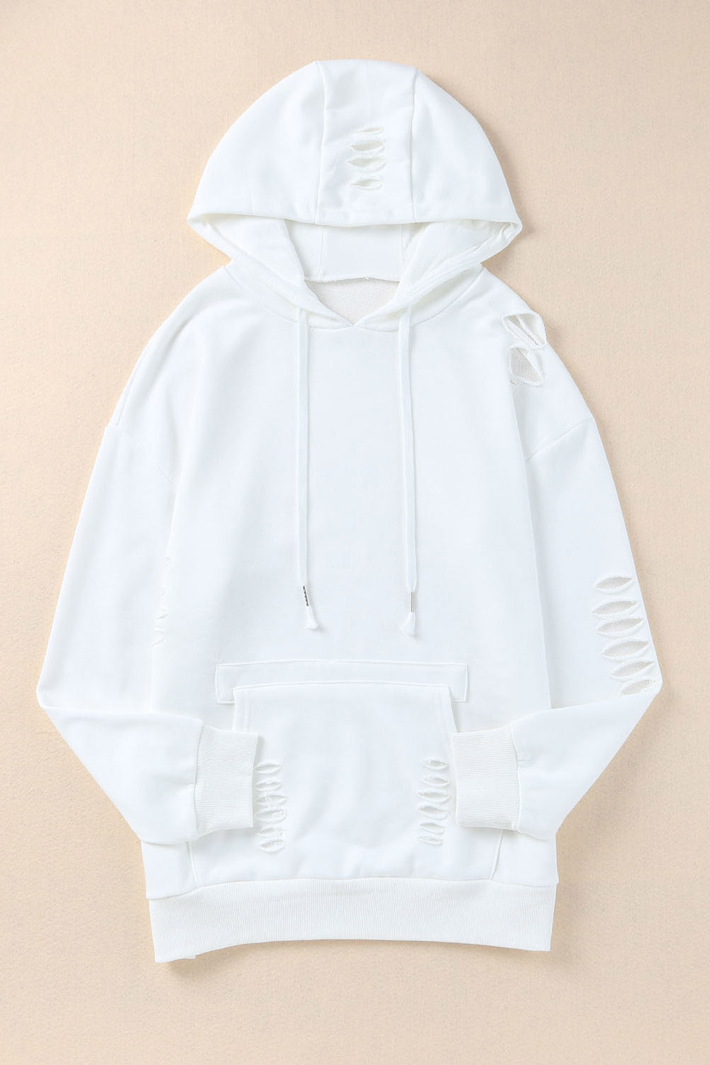 Distressed drawstring long sleeve hoodie with pockets.