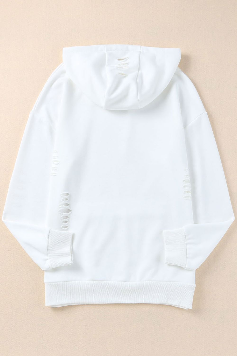 Distressed drawstring long sleeve hoodie with pockets.