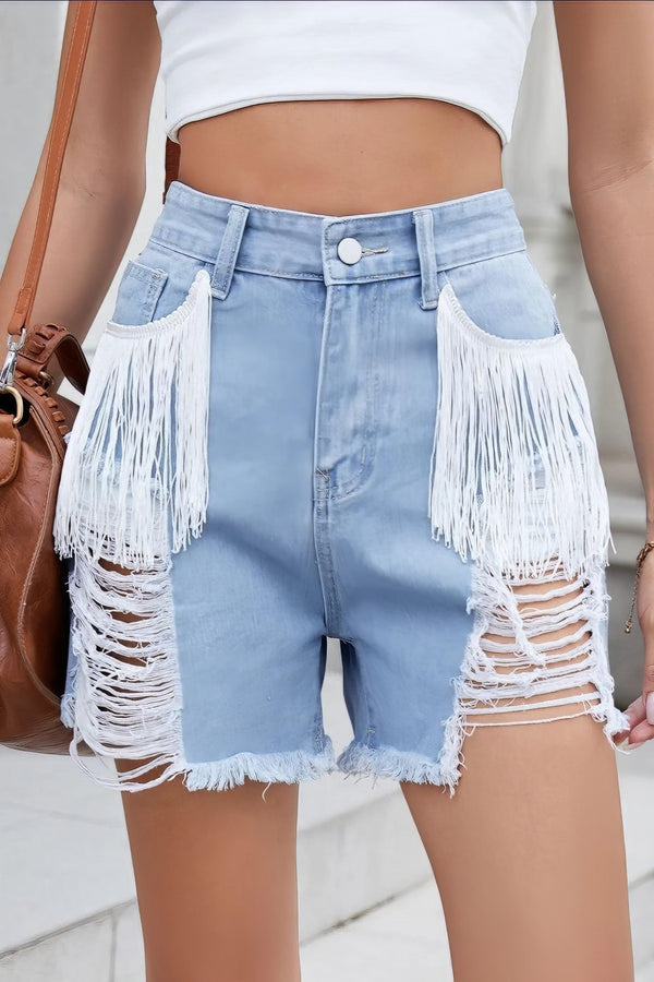 Women's distressed fringe denim shorts with raw hem and pockets.