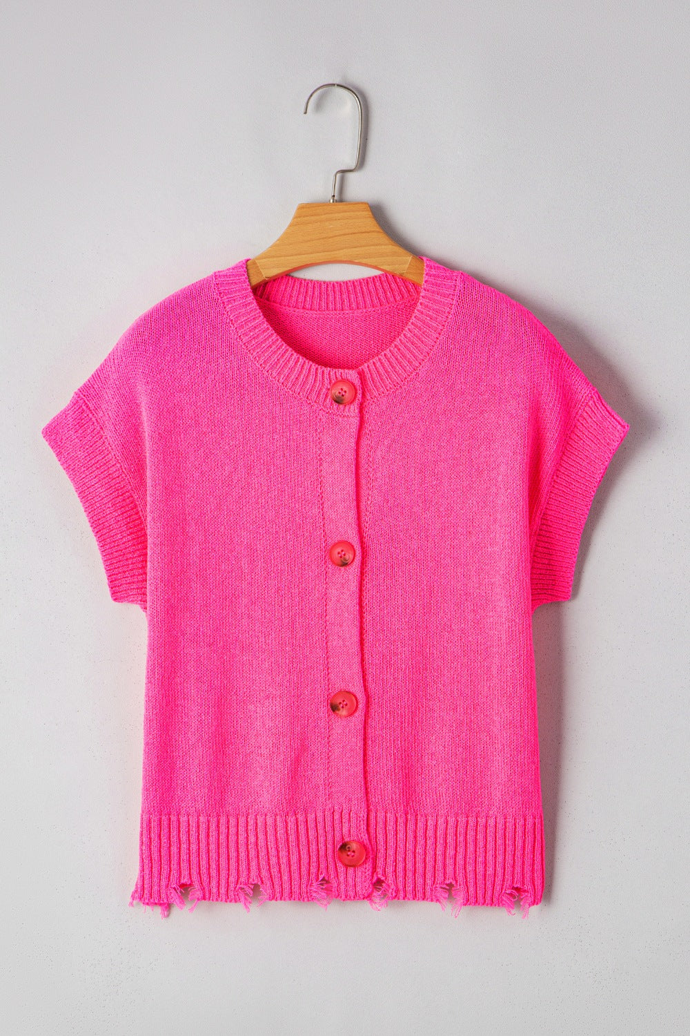 Distressed hem cap sleeve button front sweater.