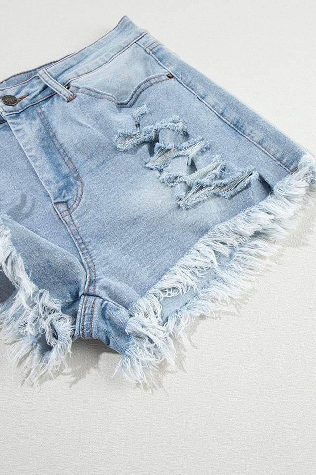 Distressed raw hem high waist denim shorts.
