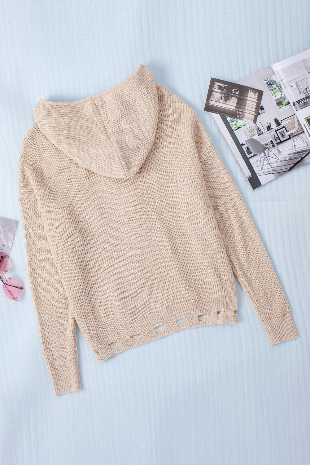 Distressed zip up drawstring hooded cardigan.