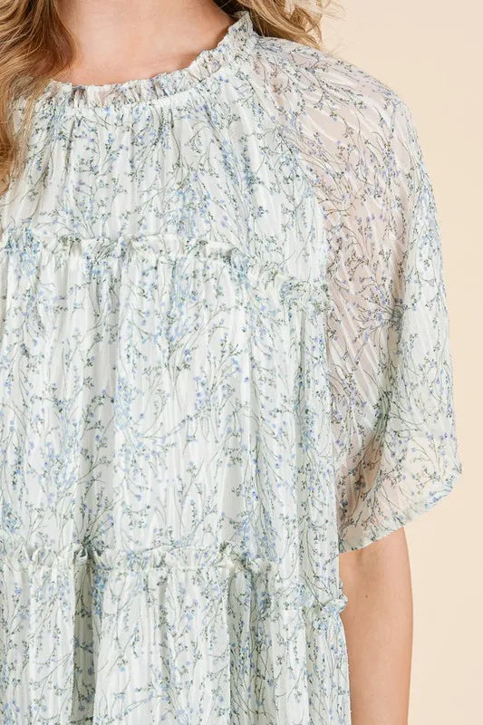 Lime N Chili Ditsy Floral Print Sheer Ruffle Detail Mini Dress.