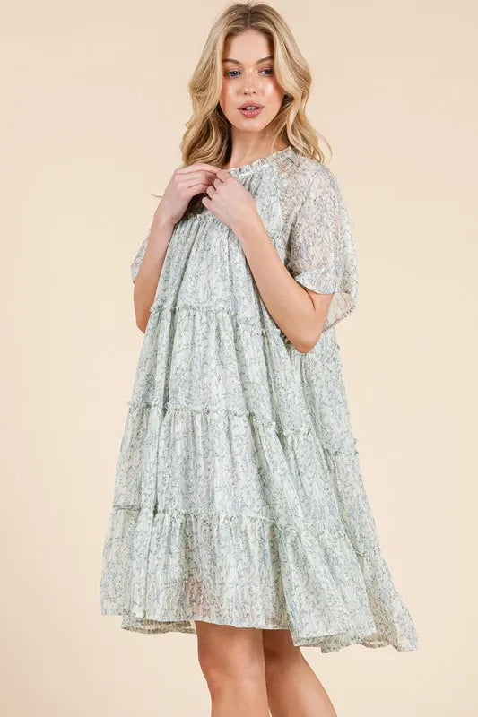 Lime N Chili Ditsy Floral Print Sheer Ruffle Detail Mini Dress.