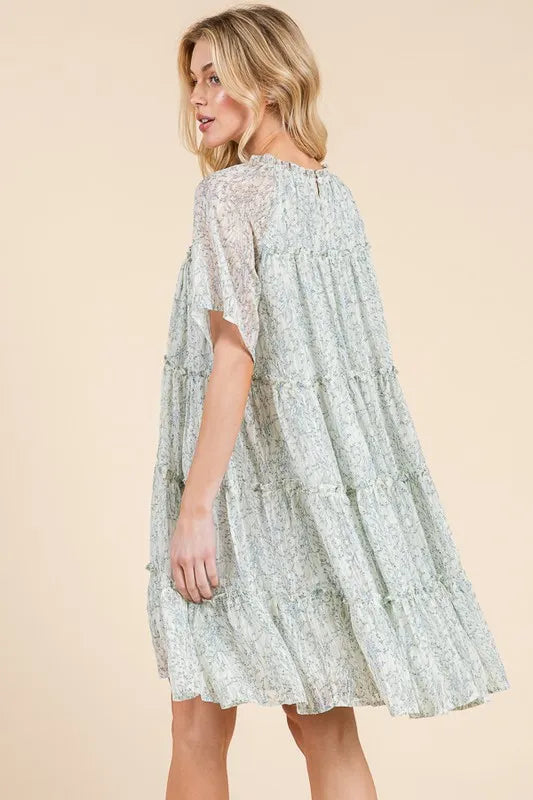 Lime N Chili Ditsy Floral Print Sheer Ruffle Detail Mini Dress.