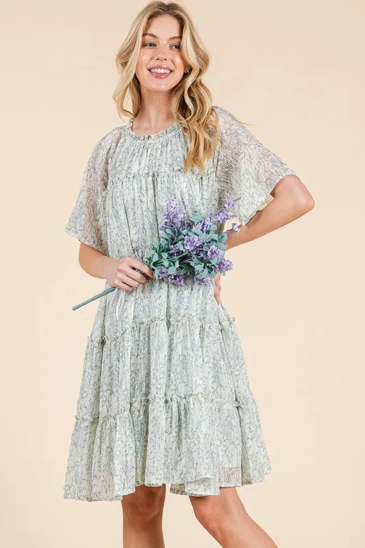 Lime N Chili Ditsy Floral Print Sheer Ruffle Detail Mini Dress.