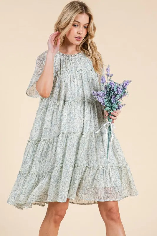 Lime N Chili Ditsy Floral Print Sheer Ruffle Detail Mini Dress.