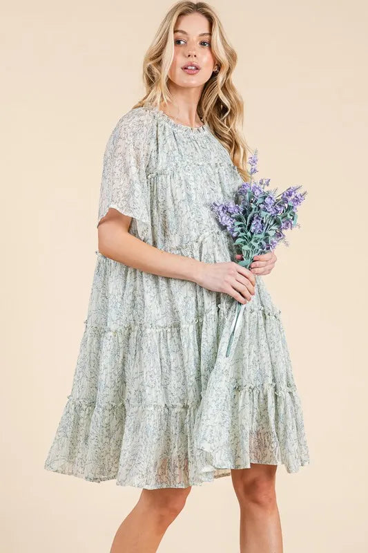 Lime N Chili Ditsy Floral Print Sheer Ruffle Detail Mini Dress.