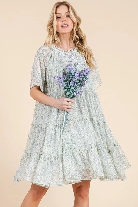 Lime N Chili Ditsy Floral Print Sheer Ruffle Detail Mini Dress.