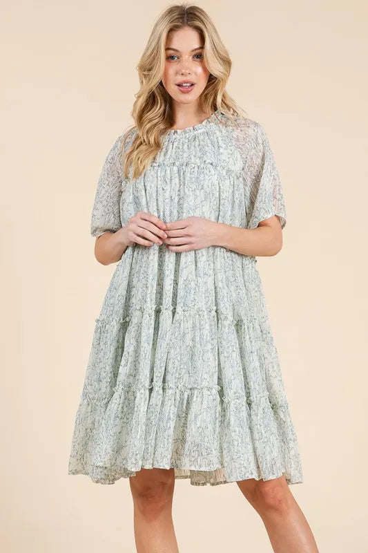 Lime N Chili Ditsy Floral Print Sheer Ruffle Detail Mini Dress.