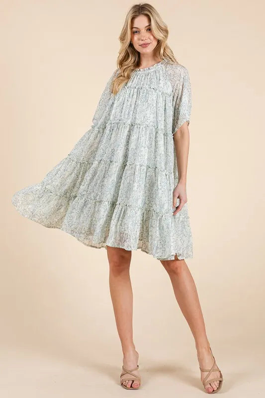 Lime N Chili Ditsy Floral Print Sheer Ruffle Detail Mini Dress.