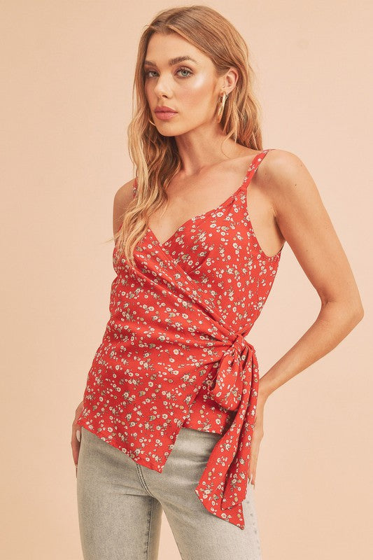 Ditsy floral surplice adjustable straps cami with tie detail.