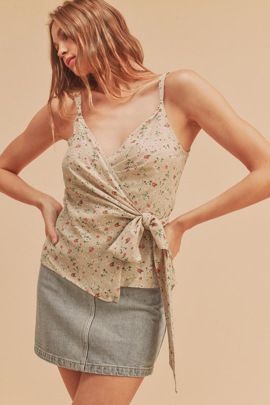 Ditsy floral surplice adjustable straps cami with tie detail.
