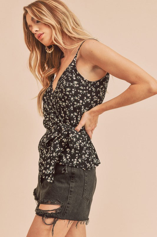Ditsy floral surplice adjustable straps cami with tie detail.