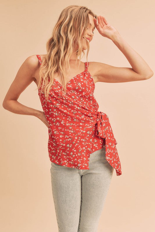 Ditsy floral surplice adjustable straps cami with tie detail.