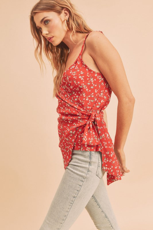 Ditsy floral surplice adjustable straps cami with tie detail.