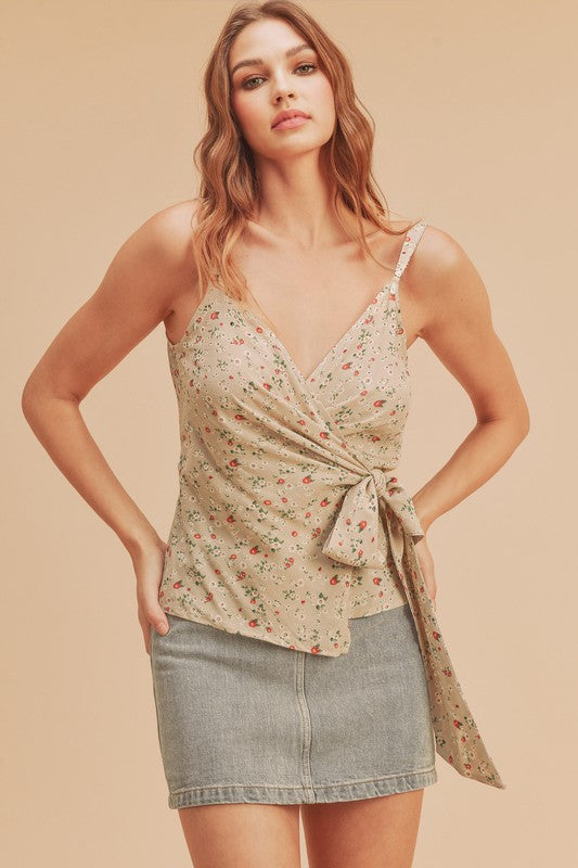 Ditsy floral surplice adjustable straps cami with tie detail.
