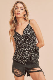 Ditsy floral surplice adjustable straps cami with tie detail.
