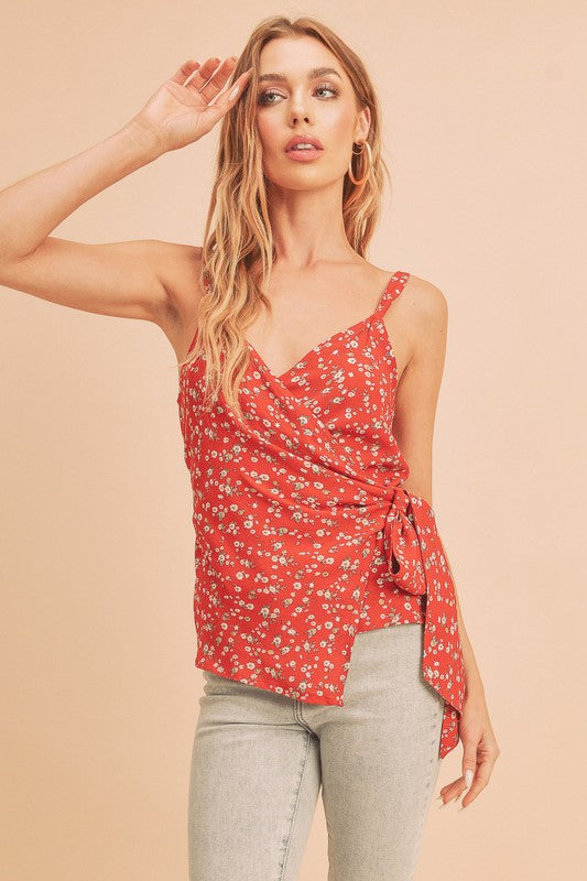 Ditsy floral surplice adjustable straps cami with tie detail.