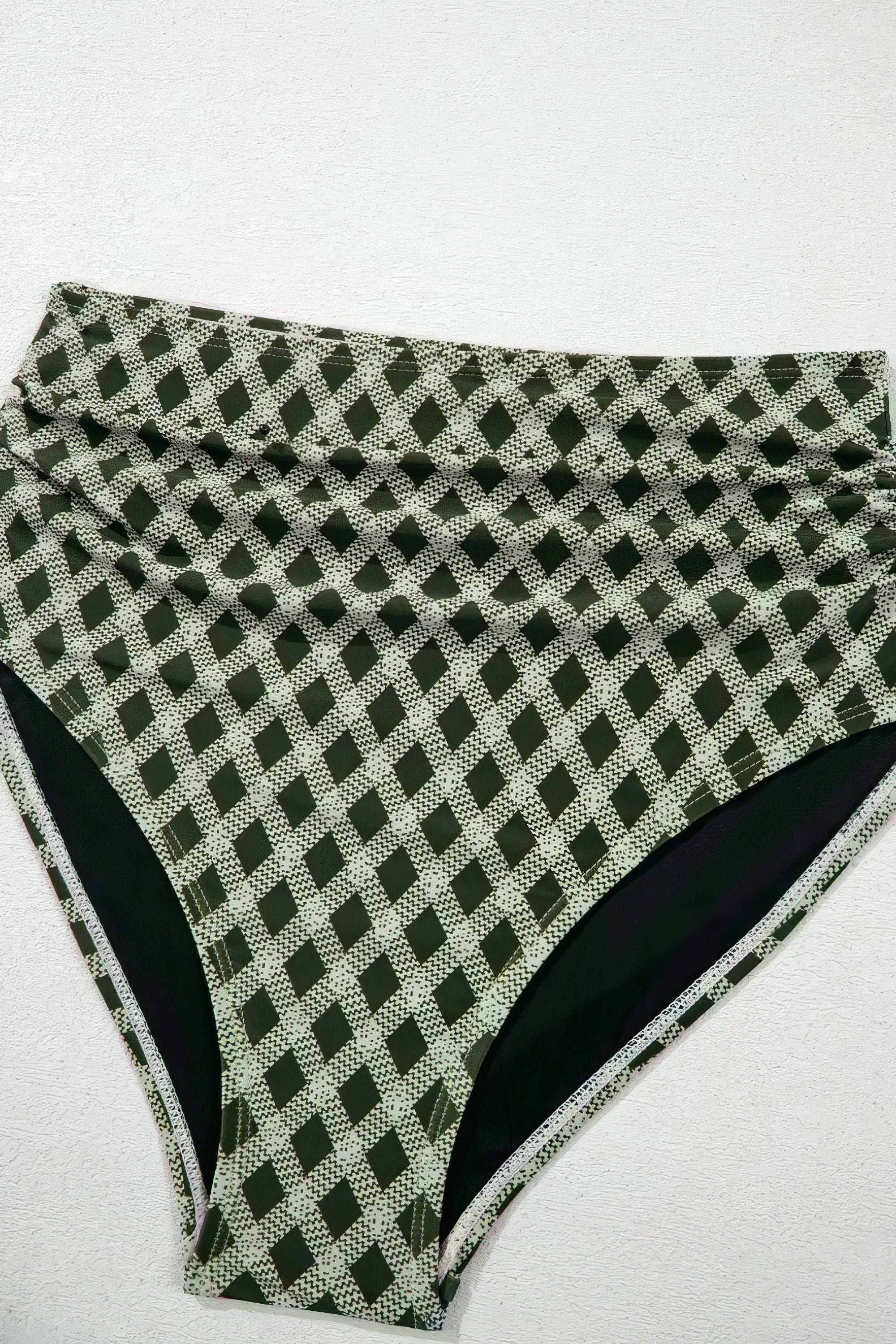 Dotted mesh plaid patchwork high-waisted swim set with non-removable padding.