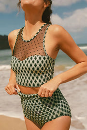 Dotted mesh plaid patchwork high-waisted swim set with non-removable padding.