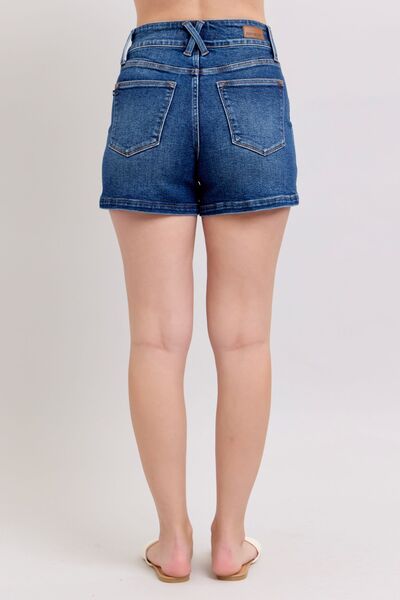 Plus size double button waistband denim shorts.
