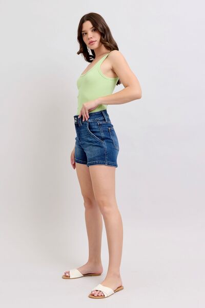 Plus size double button waistband denim shorts.