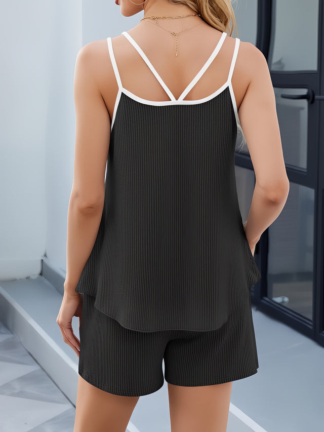 Women's double spaghetti strap cami and shorts set with pockets and crisscross back