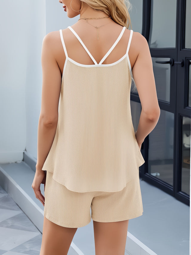 Women's double spaghetti strap cami and shorts set with pockets and crisscross back
