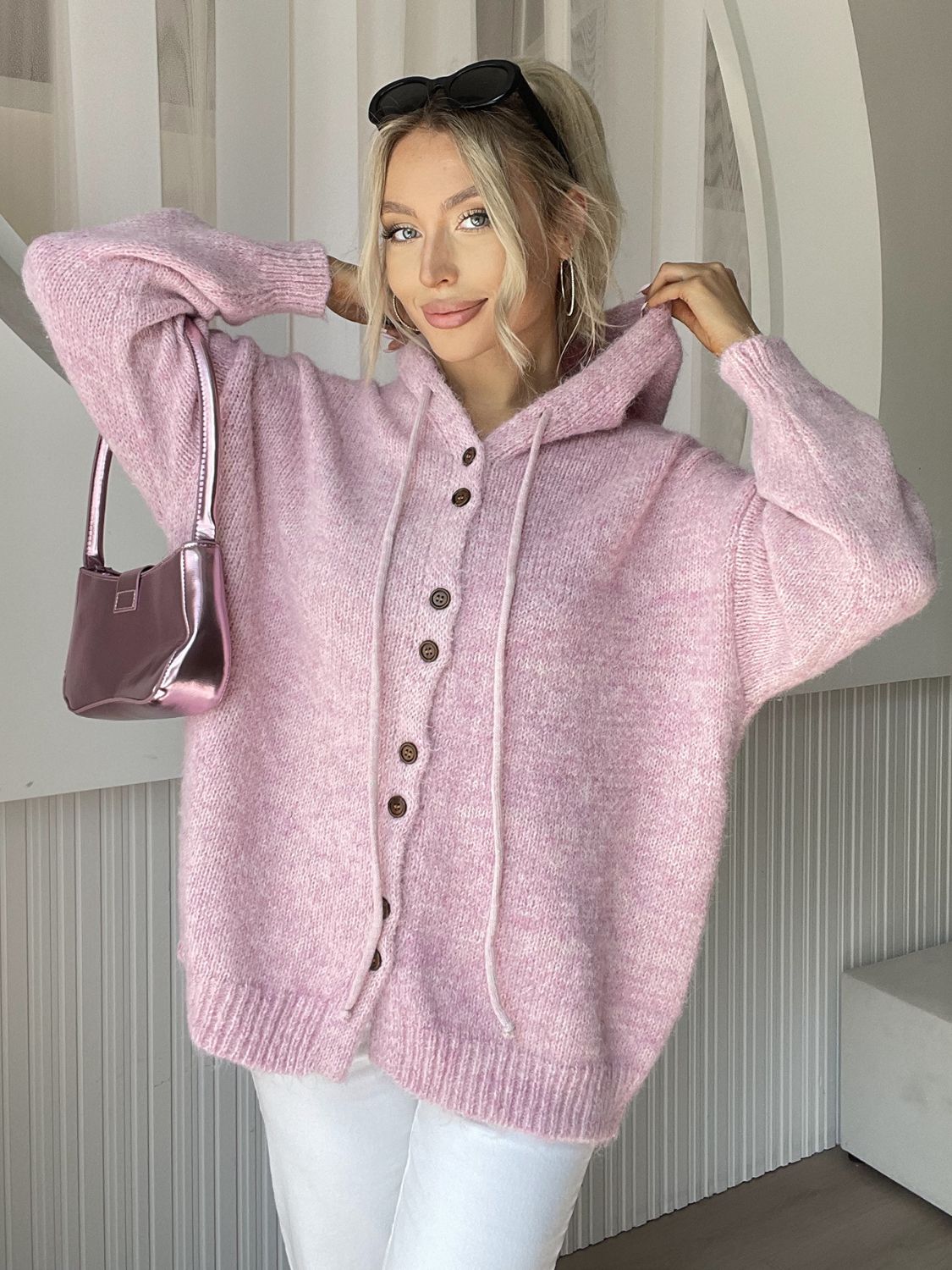 Drawstring button down hooded cardigan with pockets.