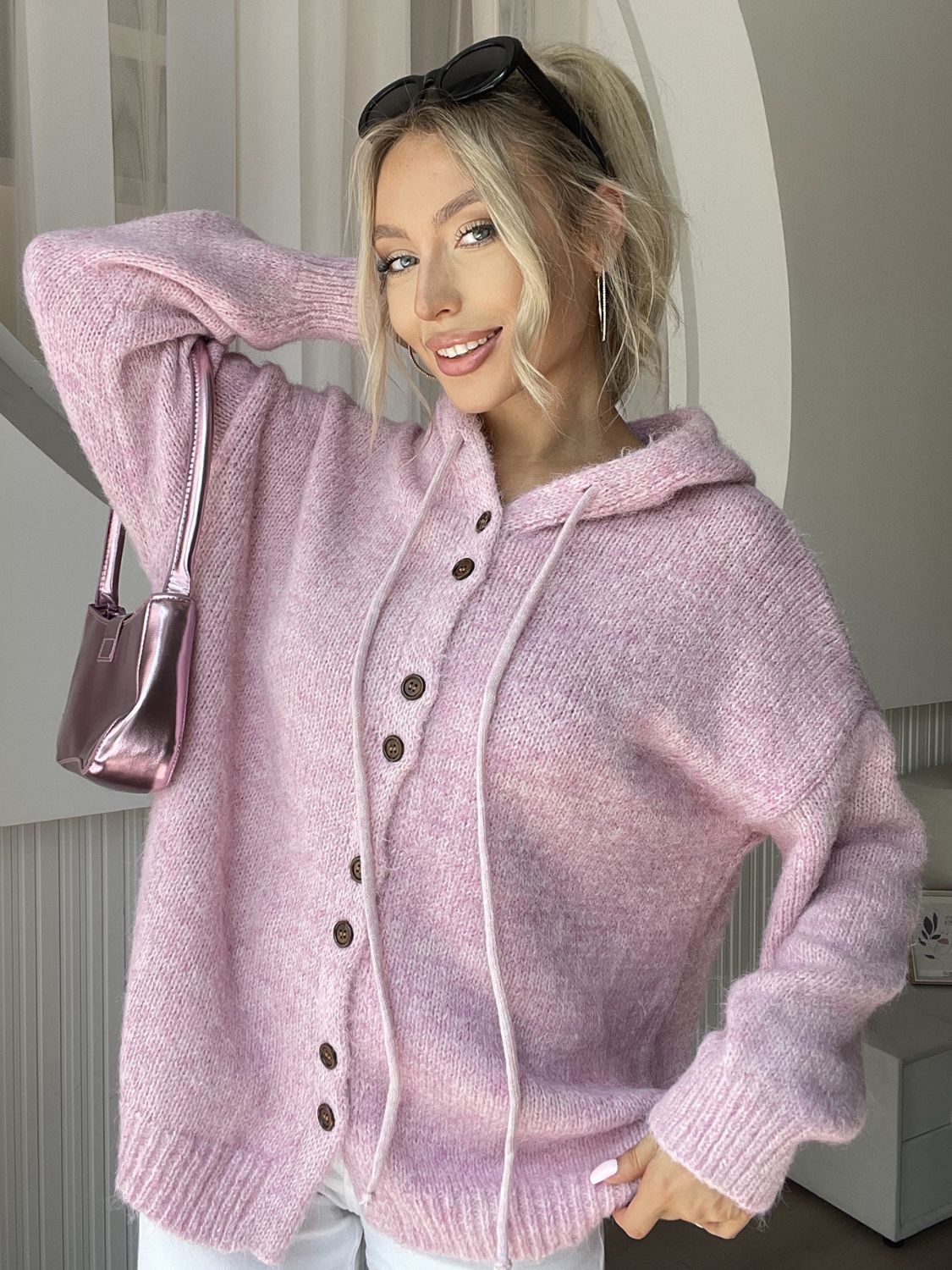 Drawstring button down hooded cardigan with pockets.