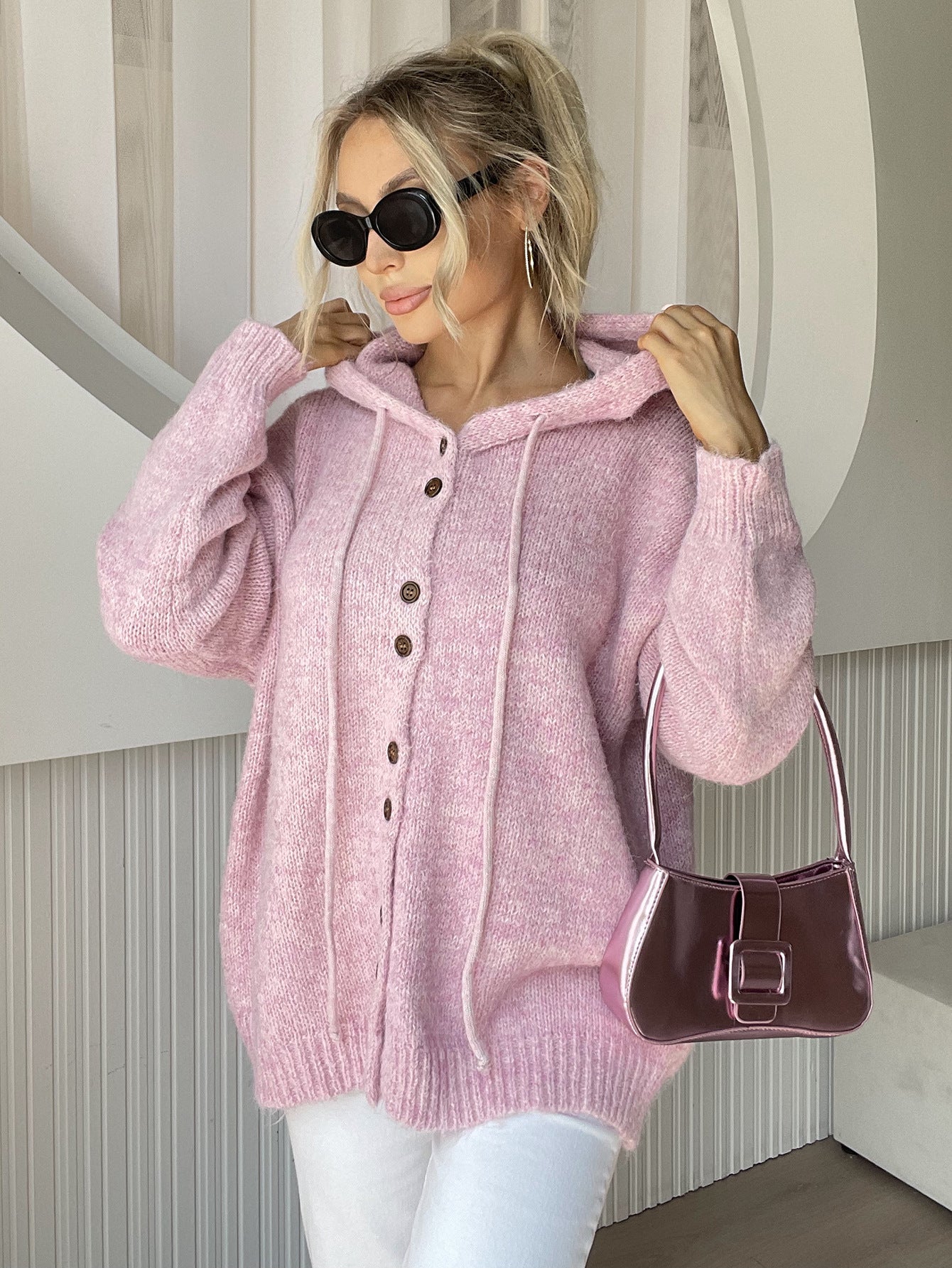 Drawstring button down hooded cardigan with pockets.
