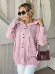 Drawstring button down hooded cardigan with pockets.