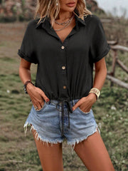 Drawstring button-up short sleeve blouse.