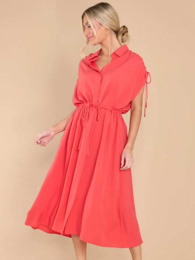 Drawstring Collared Neck Short Sleeve Midi Dress.