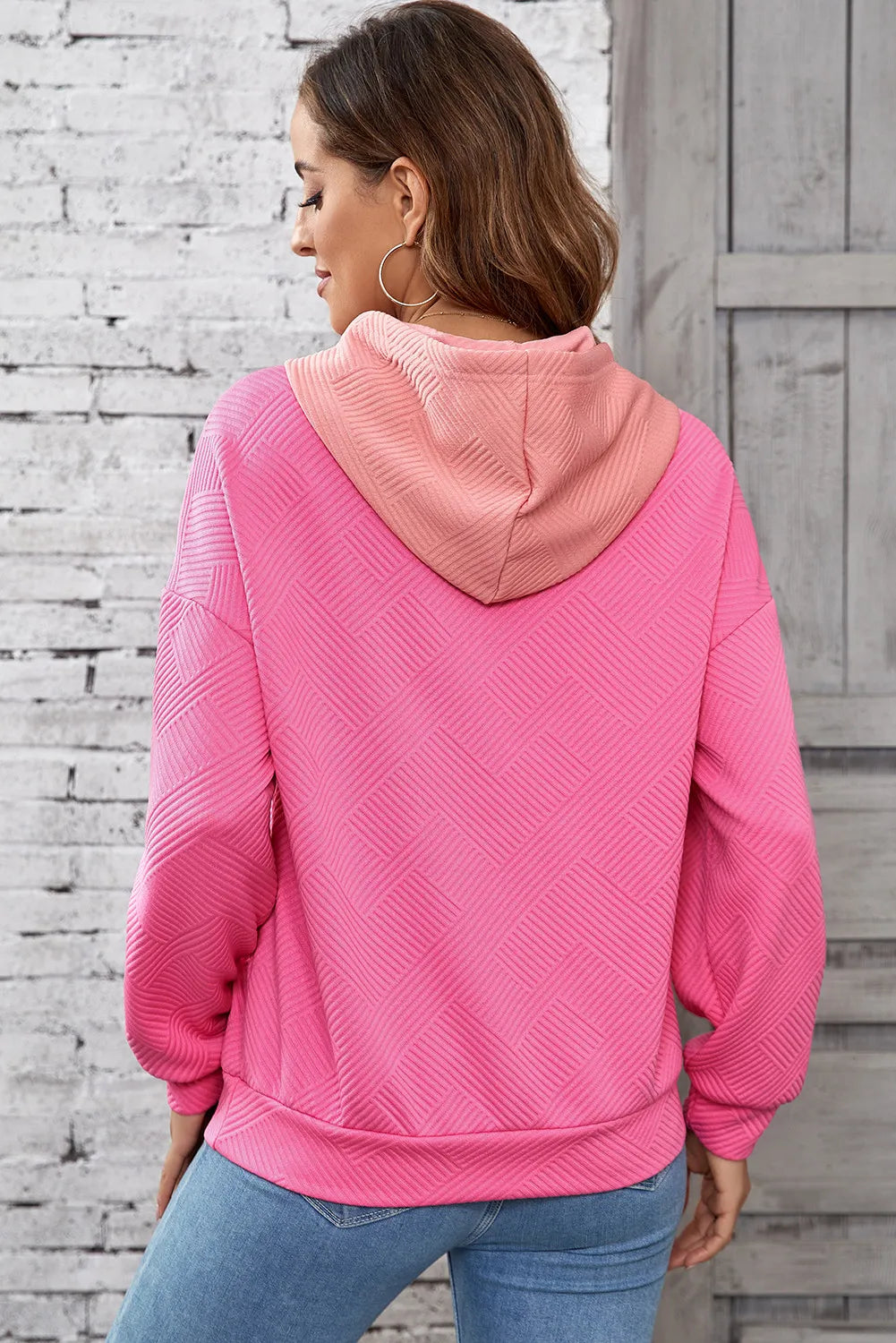 Drawstring color block long sleeve hoodie.