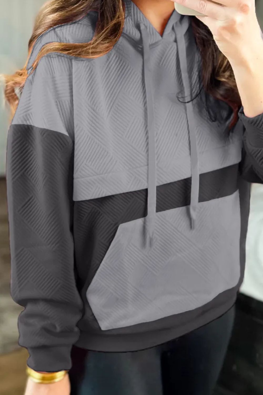 Drawstring color block long sleeve hoodie.