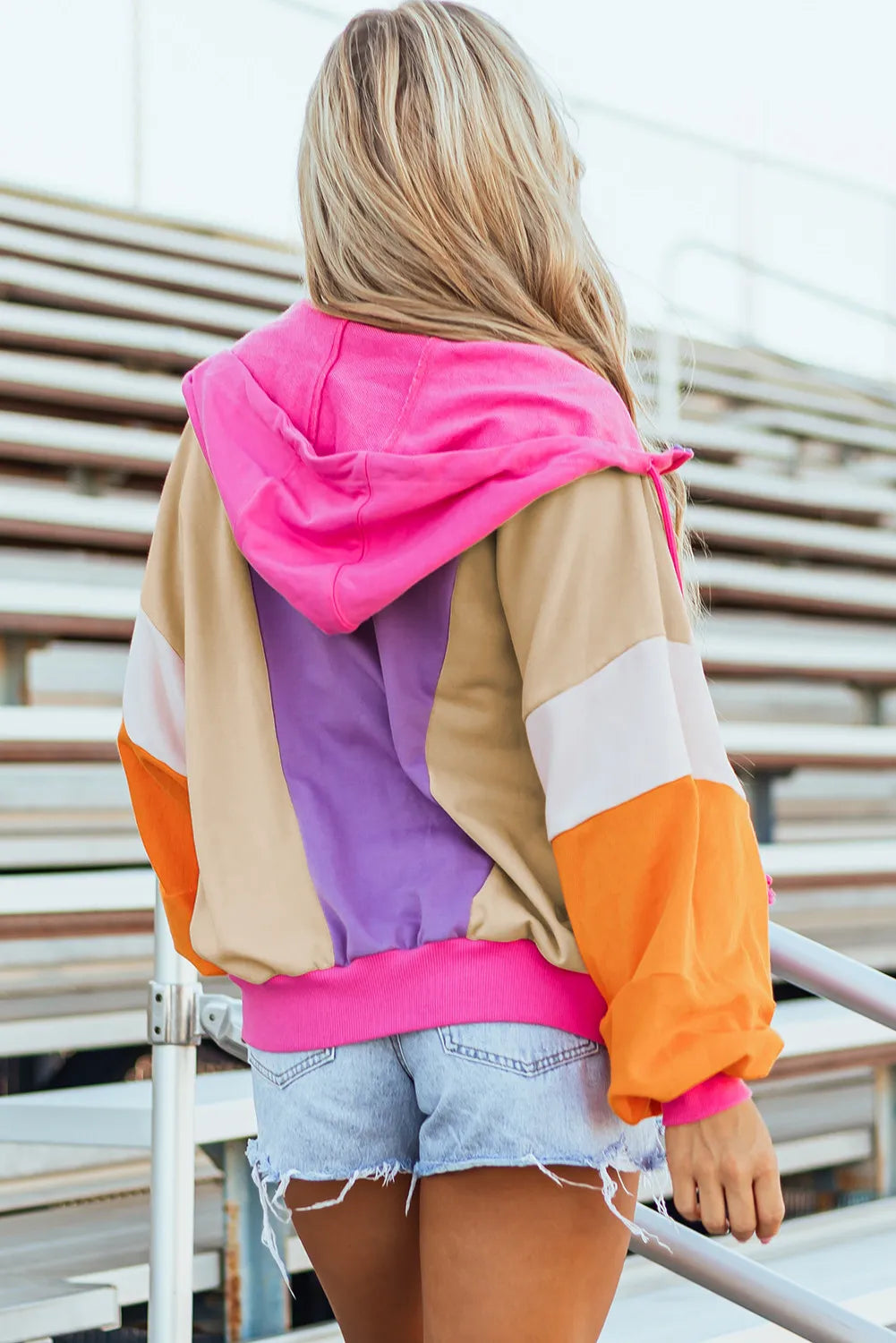 Drawstring color block zip up long sleeve hoodie.