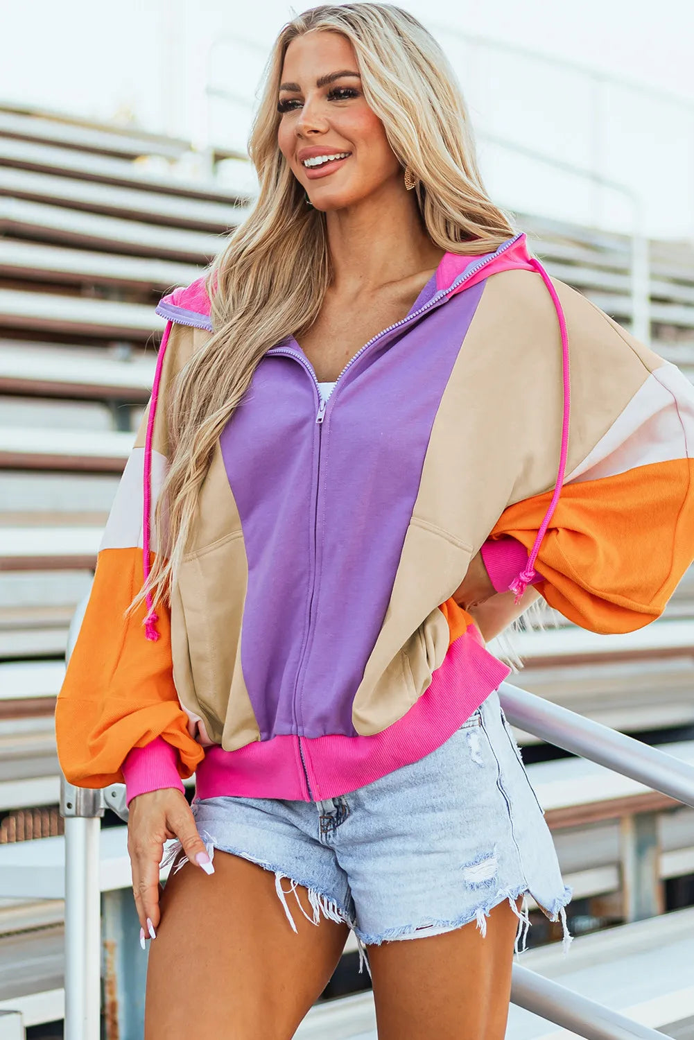 Drawstring color block zip up long sleeve hoodie.