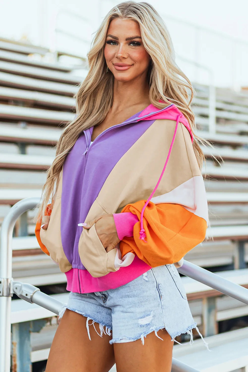 Drawstring color block zip up long sleeve hoodie.