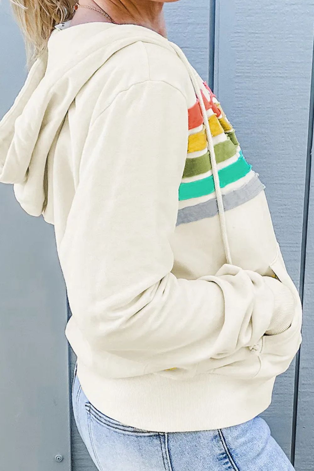Drawstring contrast zip up long sleeve hoodie.