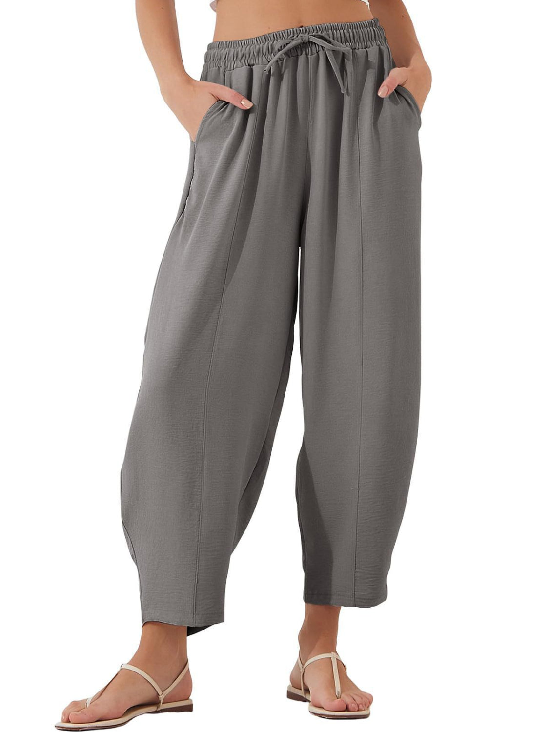 Drawstring cropped jogger pants plus size with pockets, opaque.